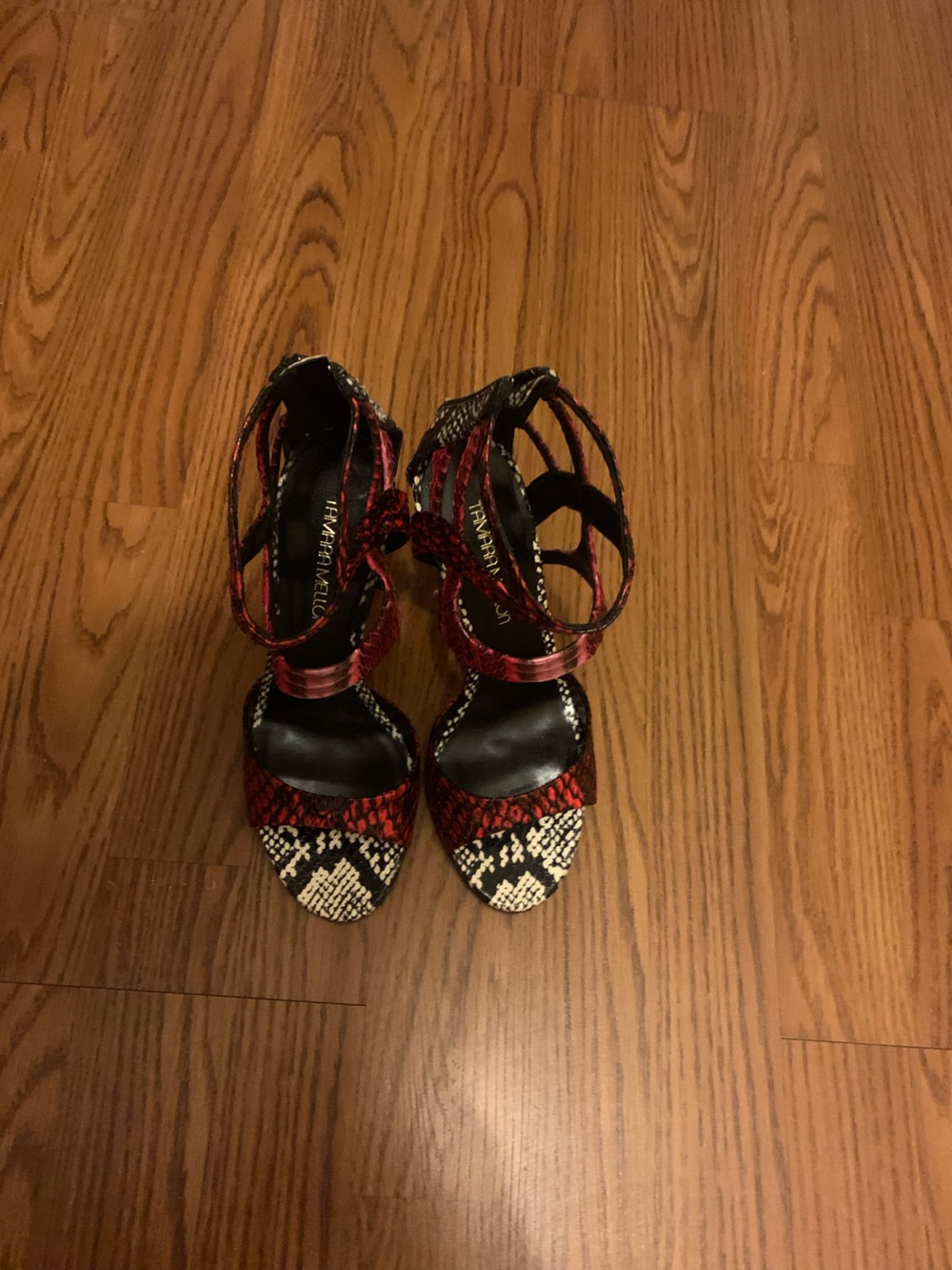 Tamara Mellon Red, Black & White Snake-Print Strappy Heels